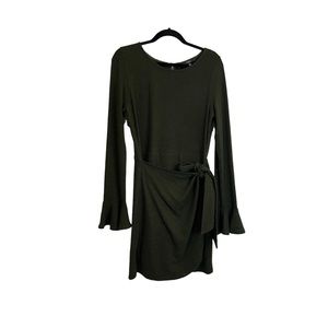 Lulu's Wrap Front Long Bell Sleeves Army Green Keyhole Back Dress Womens Size L